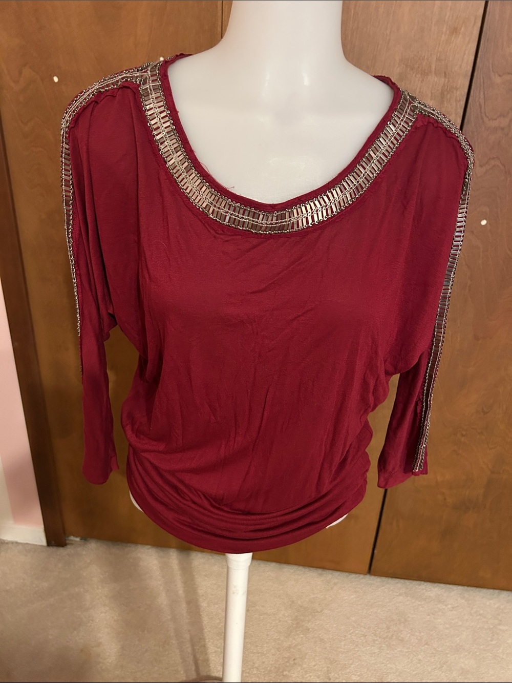 Club Monaco Burgundy Long Sleeve Top with Metallic Beaded Trim